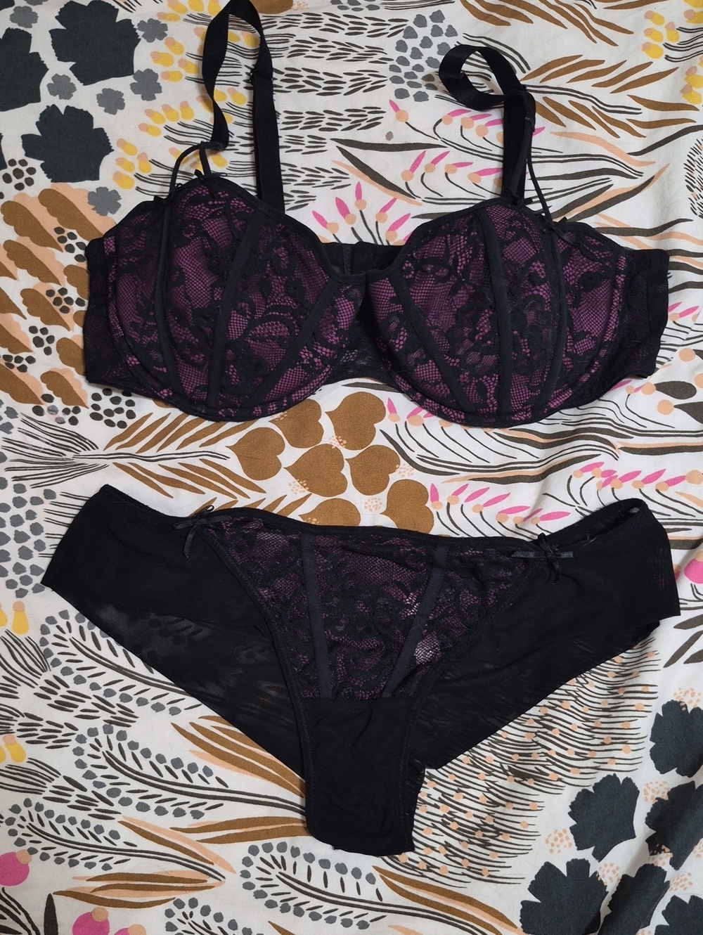 Adore Me Lace Underwire Bra & Bikini Panty Set - Black and Deep Purple